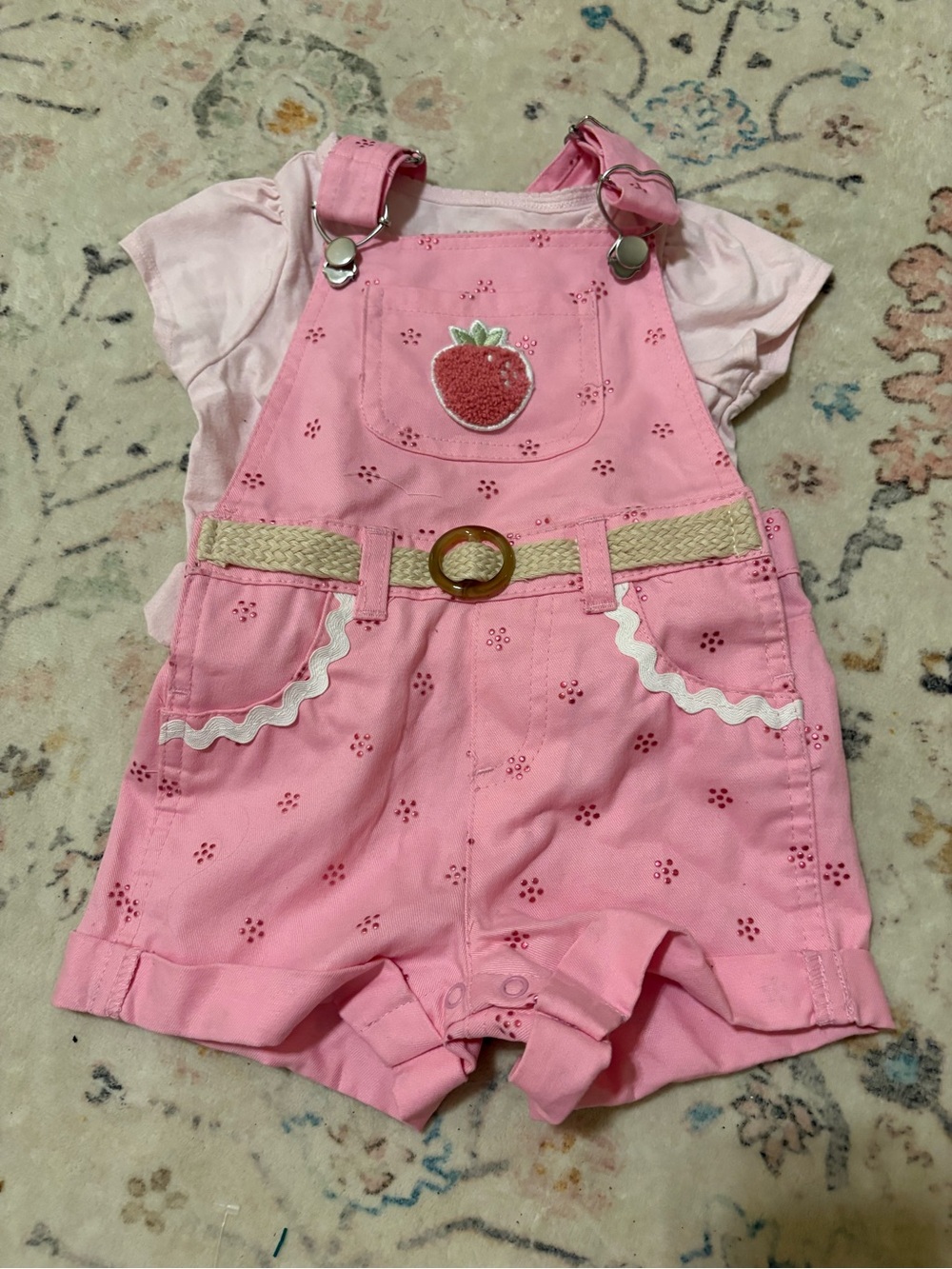 Girls Pink Strawberry Embroidered Short Overalls - 18 months. So cute!